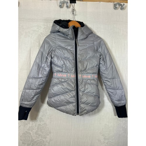 Ivivva Down Puffer Coat 12 Girls Black Gray Reversible Hooded long Lululemon - Picture 7 of 9
