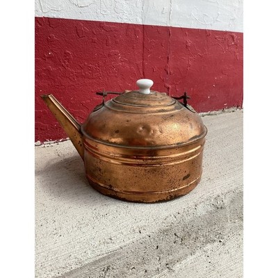Antique Copper Tea Kettle Vintage Farmhouse Decor Wood Handle Ceramic Finial