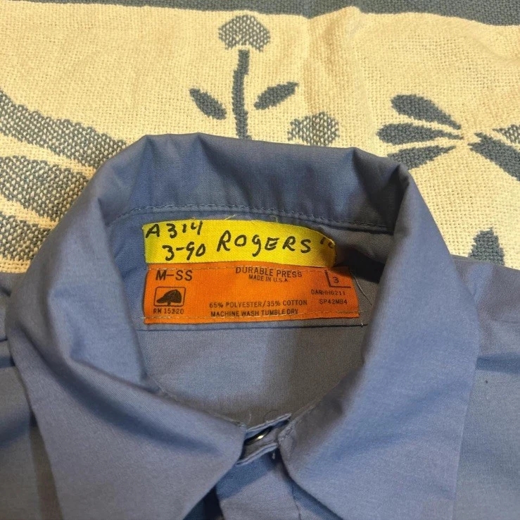 Camisa De Colección Años 80 Red Kap Medio Azul Ropa de Trabajo Manga Corta Con Parche de Empresa Hecha en EE. UU. Foto 3 de 4