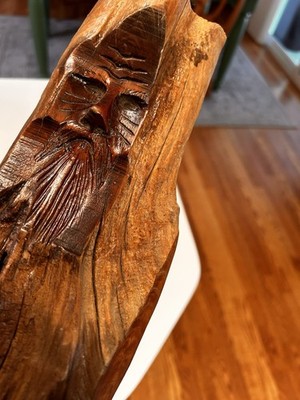 Folk Art Man s Face Carved Into Driftwood  Makers Mark On The Back 18 X 4 1/2