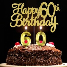 Happy 60th Birthday Cake Topper  60 th Birthday Candles, 60 Cake Topper, Num...