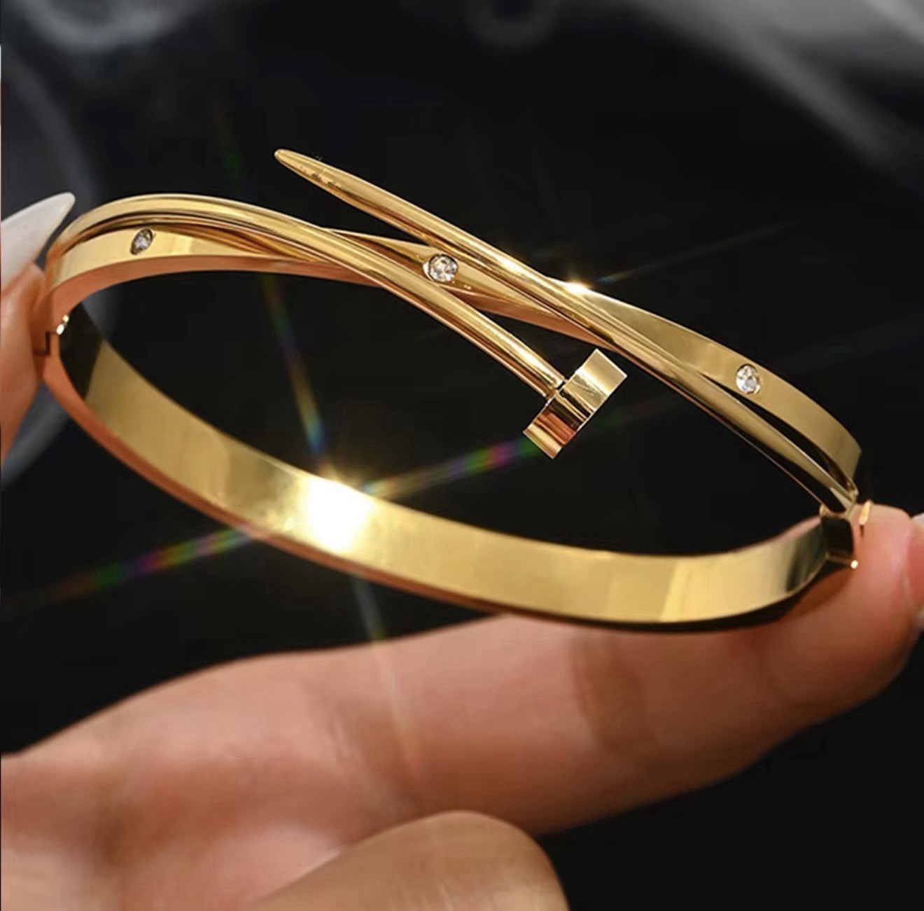 Gold Tone Nail Style Bangle Cuff Bracelet with Clear Round Stones