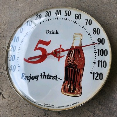 Vintage Coca-Cola Thermometer 5 Cent Enjoy Thirst Jumbo Dial USA Wall Decor Sign