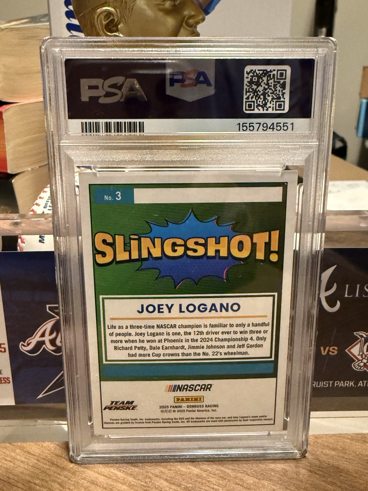 2025 Panini Donruss NASCAR Slingshot Joey Logano #3 PSA 9 view 2