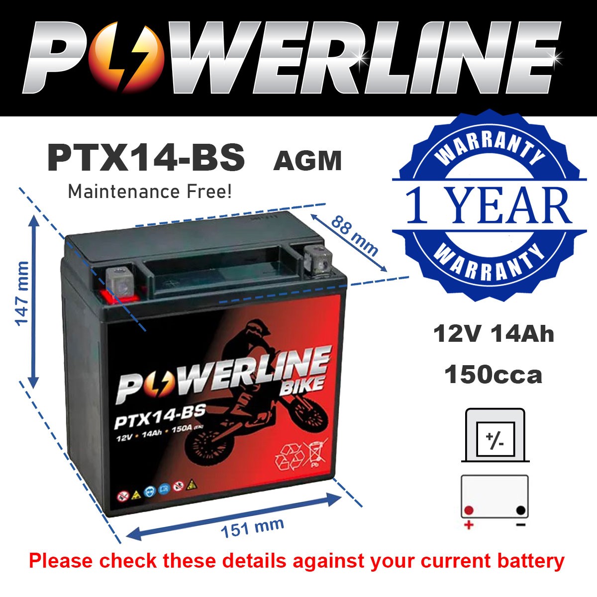PTX14-BS Powerline AGM Motorcycle Battery 12V 14Ah Replaces YTX14-BS