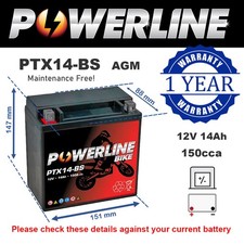 PTX14-BS Powerline AGM Motorcycle Battery 12V 14Ah Replaces YTX14-BS