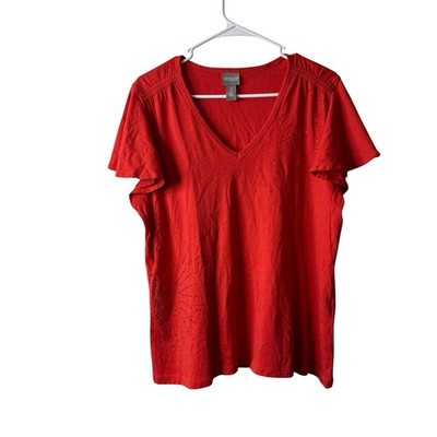 Chicos Red Firework Embellished Flutter Short Sleeve Blouse Size Large 2