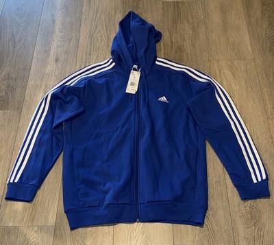 Adidas Men's 3 Stripes Fleece Full Zip Hoodie Sweatshirt Semi Lucid Blue Large