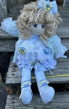Handmade Folk Art Rag Doll w/Rabbit & Tea For Two Dress 14” Signed By Patricia