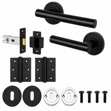 Black Internal Door Handle Kit with Latch, Hinges & Keyhole Covers