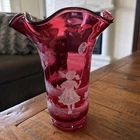 Fenton Cranberry Vase Mary Gregory 2005 Blue Bells Cockle Shell #332/1850 Signed