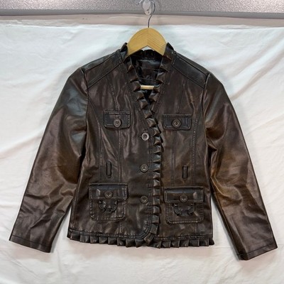 Me Jane Girls Faux Leather Jacket Brown Ruffle Trim Y2K Cropped Style Size L