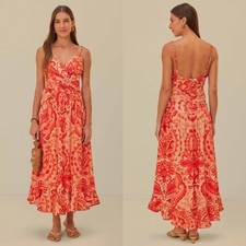 Farm Rio Floral Jaipur Red Crossover Bohemian Ruffle Maxi Dress  sz Medium