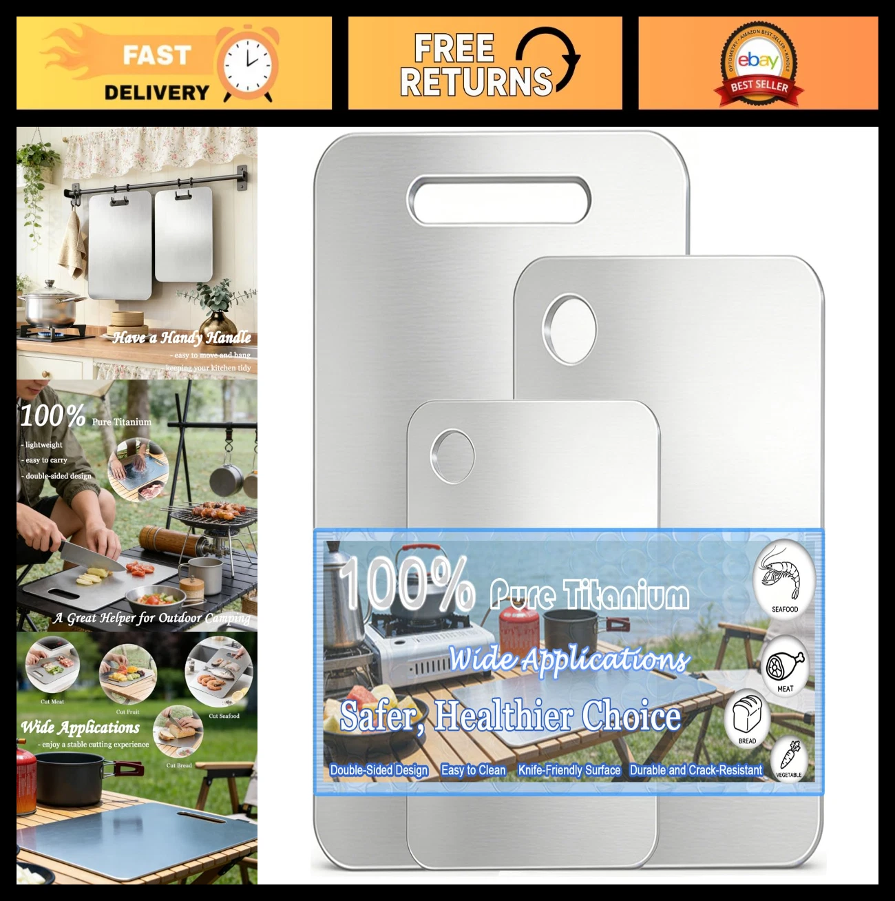 Set of 3 Double-Sided Titanium Cutting Boards - Dishwasher Safe, Metal Chopping