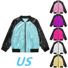Kids Girls Shiny Sequins Jacket Coat Zipper Jazz Hip Hop Dance Tops Outerwear