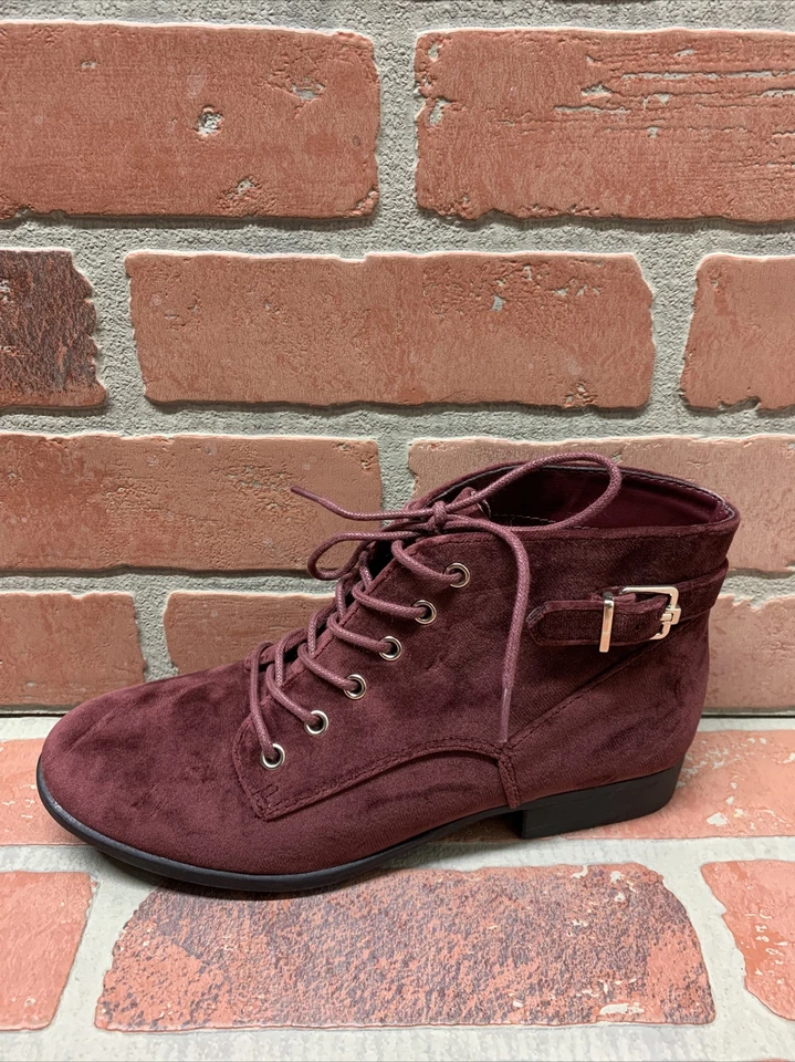 CALL IT SPRING Burgundy Velvet Lace Up Round Toe Ankle Booties Women’s Size 7 - Image 2 of 4