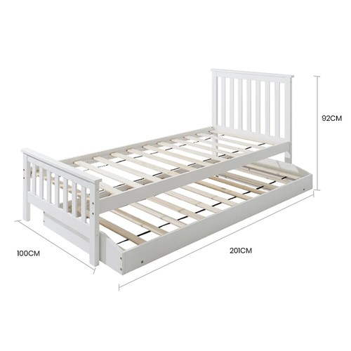 KINGSTON SLUMBER Wooden Single Bed Frame w/ Pop Up Trundle White Kids Bedroom - Picture 3 of 4