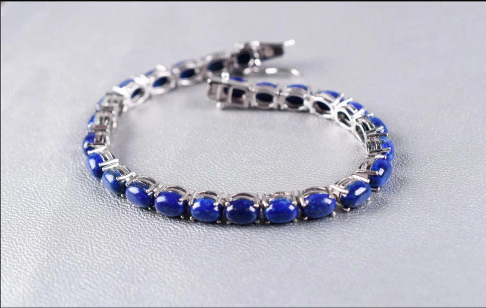 Теннисный браслет из натурального лазурита платина серебро высшей пробы 7 дюймов - Изображение 4 из 4