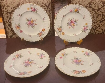 Royal Crown Derby Posies4 Dinner Plates Floral Flower Gold Trim England Scallop