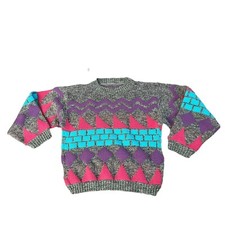 Unisex retro 80s 90s sweater gray neon pink blue triangles big kid large xlarge