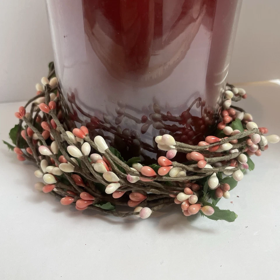 Pip Berry Candle Ring Lt Coral & White Berries 4” Floral Country Decor Primitive - Image 2 of 4