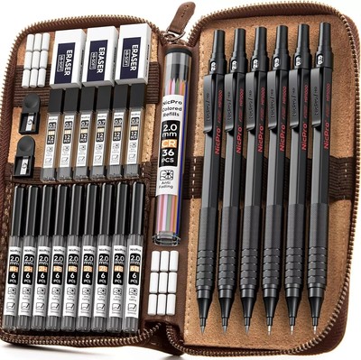 Nicpro 30PCS Black Metal Mechanical Pencil Set in Leather Case, Art Drafting Pen