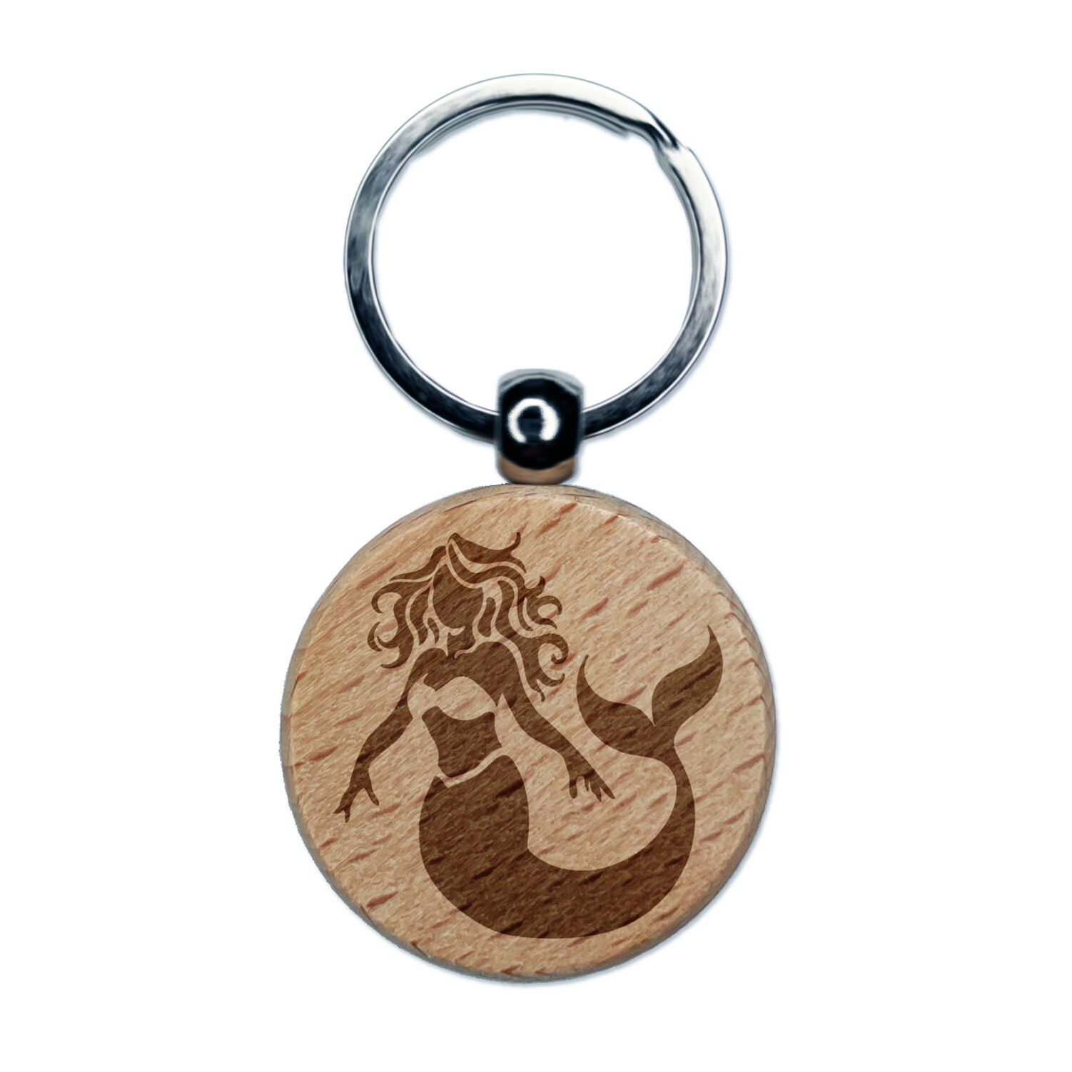 Beautiful Mythological Mermaid Engraved Wood Round Keychain Tag Charm