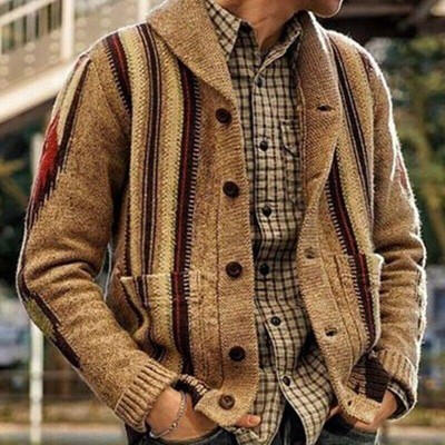 New Men's Winter Long Sleeve Jacquard Sweater Lapel Collar Casual Sweater Jacket