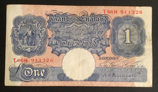 Banknote Of England One Pound Blue And Pink KO. Peppiatt. T66H. Excellent Cond.