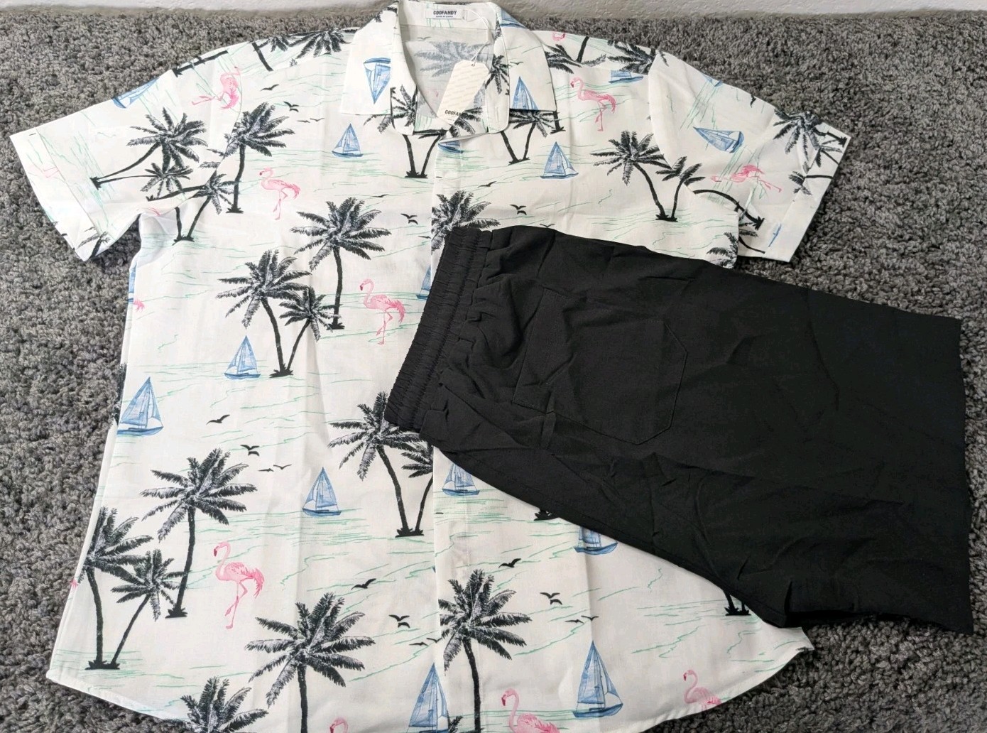 Coofandy Outfit Mens L Tropical Shirt Black Shorts Flamingo Shirt & Pants