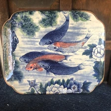 VIntage 1970s Japanese Koi Fish Lotus Rectangular Platter Excellent Condition