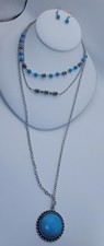 Faux Turquoise Bead  Multi Silver Tone Chain Necklace  Earrings Set
