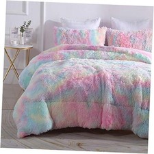 Faux Fur Plush Comforter Set Fluffy Fuzzy Shaggy Bedding Set - King Rainbow