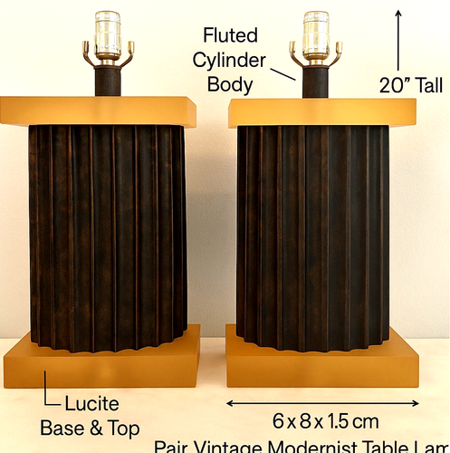 Modern Table Lamps Pair Fluted CylindricaL, Lucite Accents, Karl Springer Style - Picture 7 of 9