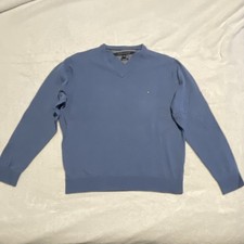 Tommy Hilfiger Blue Knit V-Neck Pullover Sweater XL Logo Men's Long Sleeve
