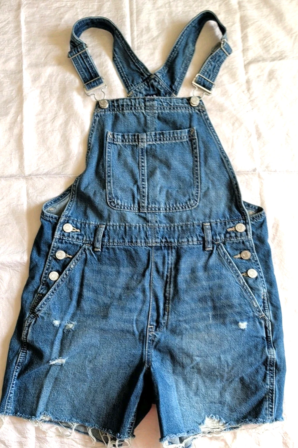 Gap Women's S Denim Overall Jeans Shorts Shortall Distressed 100% Cotton Cutoff