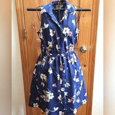 Ann Taylor Loft Dark Blue Floral Dress Sleeveless Elastic Tie Waist Women's Sz 4