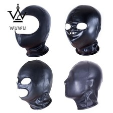 PU Leather Padded Strapped Zipper Head Hood Blindfold Harness Mask Open Mouth