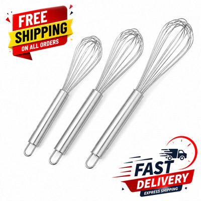 3 Piece Stainless Steel Balloon Whisk Set Egg Beater Kitchen Mixer 8 10 12 Inch
