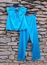 Vtg Diane Von Furstenberg For RE-7 Pajama Set M Turquoise Blue Nylon 70s