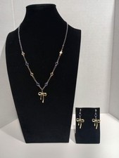 2 Tone Necklace and Earrings with Bow Pendants with Rinestones Blue New Handmade