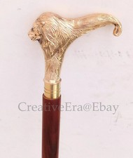 Vintage Victorian Brass Lion Head Handle Brown Wooden Walking Stick Cane Gift