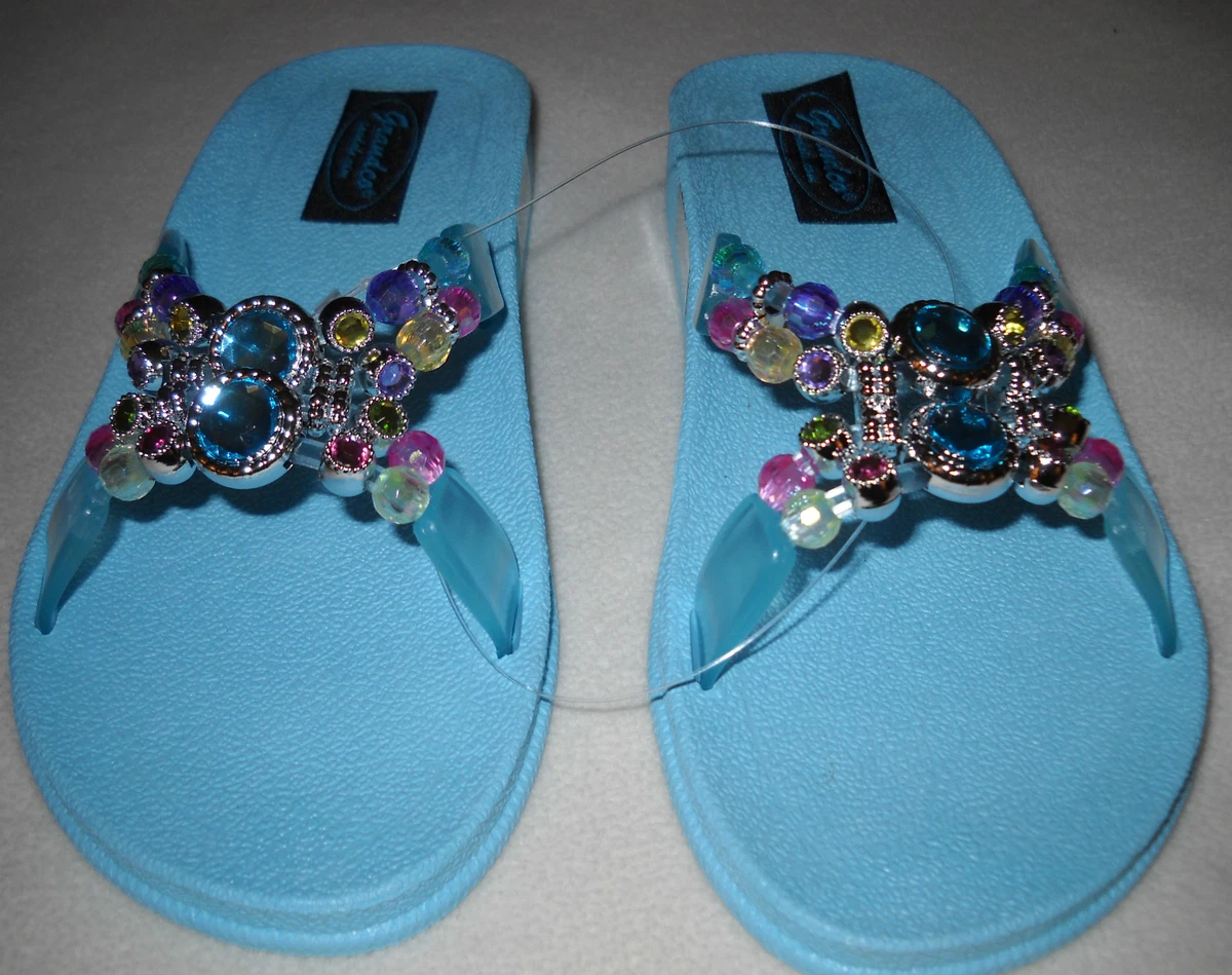 Girls GRANDCO SANDALS Beach Pool SLIDE BLING BLUE Dressy Beaded