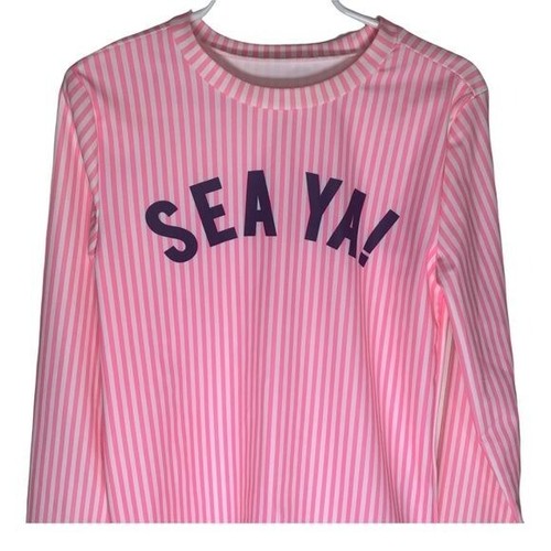 Gap Rash Guard Girls Striped Long Sleeve Swim Top Graphic Pink White Medium Kids - Picture 2 of 10
