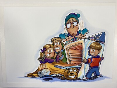 Illustrated Advertising Artwork Of A Man Using Oven To Keep Warm With Family