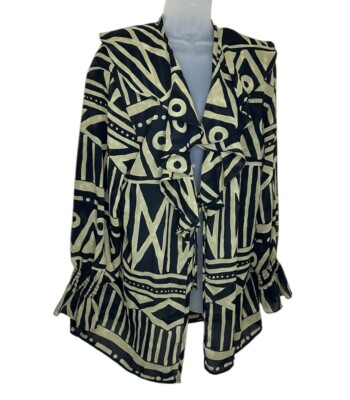 Sharon Anthony Open Ruffle Top 14W Black Beige African Print Artsy Ethnic Flowy