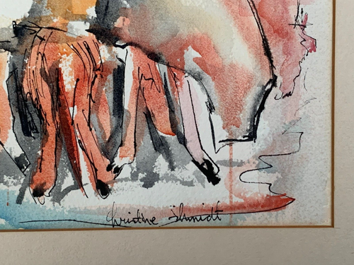 SURREAL ABSTRACT PAINTING CHRISTINE SHMIDTH SCMIDTH FIGURES UMBRELLAS PIGS HOGS - Picture 7 of 18