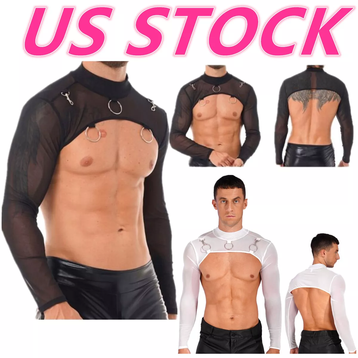 US Men s Half Crop Top See Through Mesh Tops Long Sleeve T Shirts O Ring Shrugs