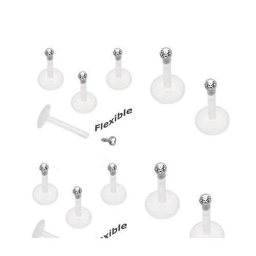 Barra de 6 piezas 16 g 3/8" transparente 2 mm circonita cúbica gema BioFlex empujar en labio Monroe Labret Foto 2 de 2