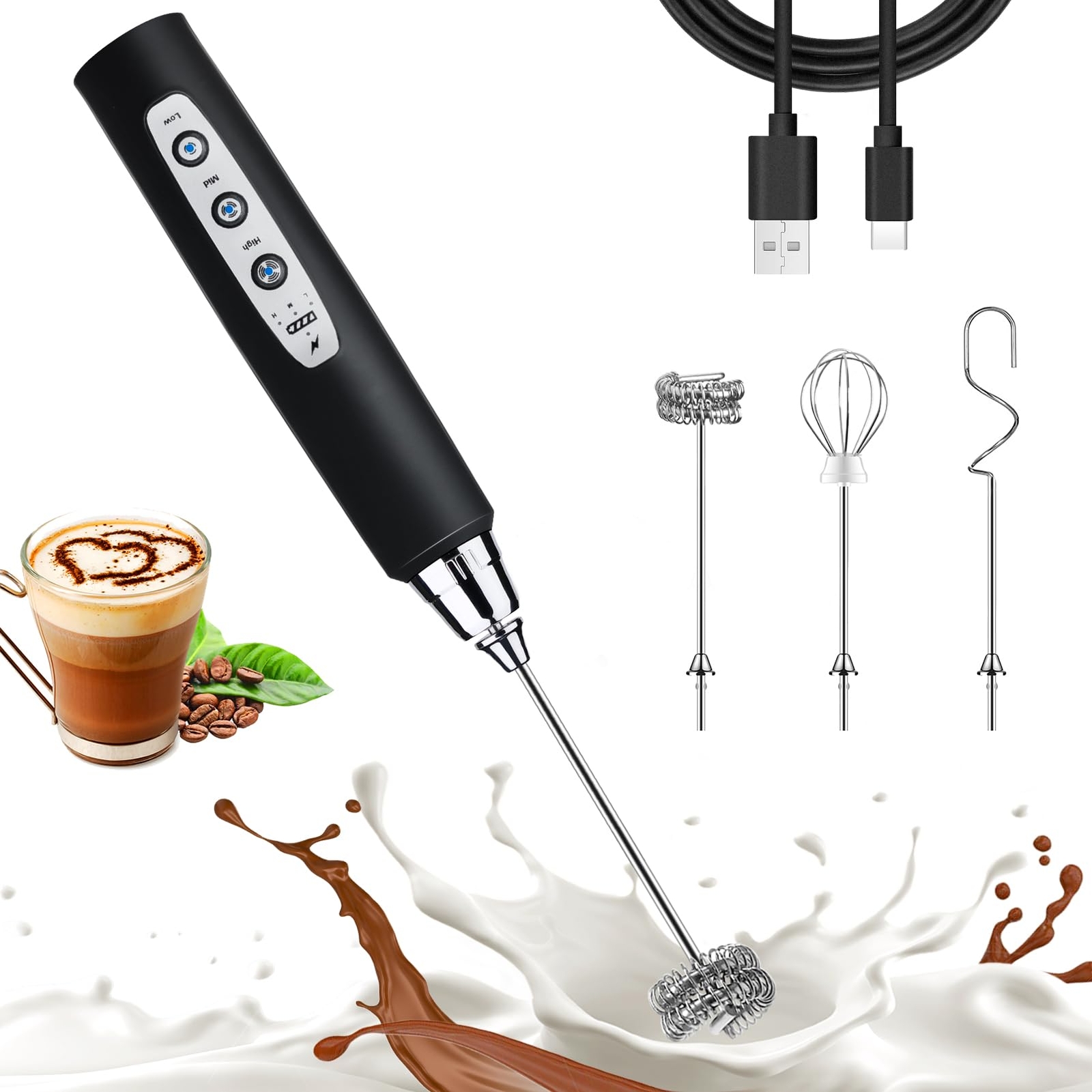 Black Milk Frother Wand for Coffee, Frother Handheld Rechargeable Electric Wh...